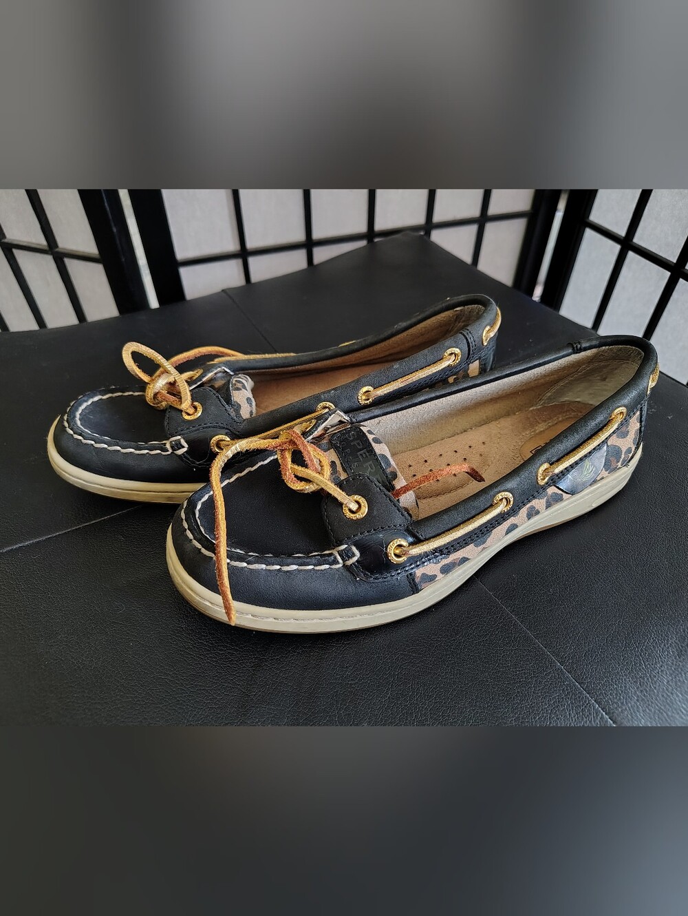 Sperry Kids Black and Tan Leopard-Accent Boat Shoes